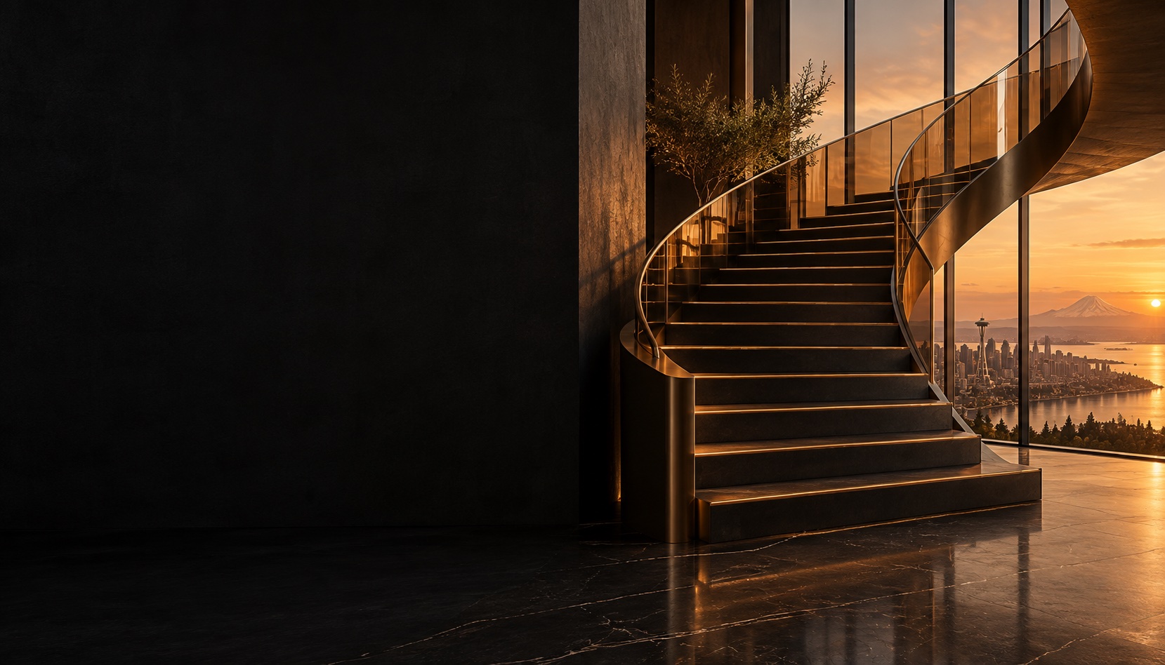 Una escalera de bronce frente a una ciudad y montañas al atardecer